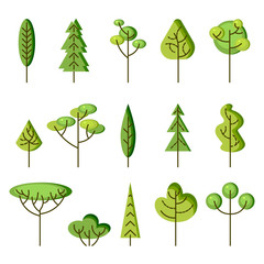 Trees vector illustration set. Design elements isolated on white background. Flat and line style.