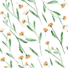 Little orange flowers, watercolor painting - hand drawn seamless pattern with blossom on white background