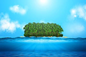 Realistic ocean underwater view, island in the background with tropical palm tree forest. Cloudy blue sky above the water, with sunshine.