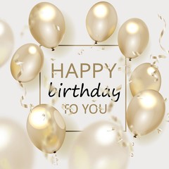 Vector birthday elegant greeting card with gold balloons and falling confetti