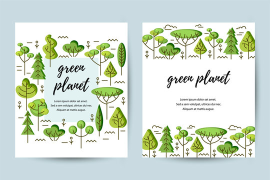 Vector illustration with trees. Place for text. Ecological concept. Template for flyer, poster, invitation, web, announcement. Flat and line style design.