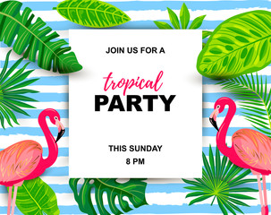 Pink flamingos and exotic palm leaves. Tropical party vector illustration. Place for text. Seasonal template for vacation, poster, banner, flyer, invitation, pool party. © Natalia