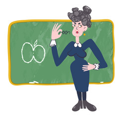 Funny illustration of a school teacher holding glasses