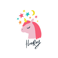 Hand drawn adorable unicorn with lettering text. Holiday cheerful sign. Design elements for social media, poster, t-shirt print, leaflet. Vector.