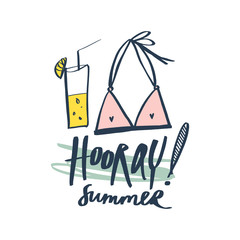 Hooray summer, starter pack clothing. Two piece swimsuit. Handdrawn cute lettering text. Vector.