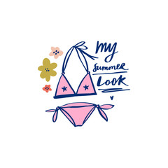 Summer starter pack clothing. Two piece swimsuit. Handdrawn cute lettering text. Vector.