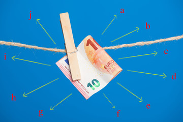 Billetes de Euro sobre fondo azul, colgados de una cuerda y sujetos por pinzas de extender la ropa....