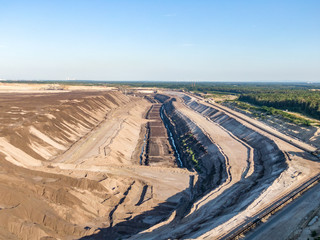 Aerial evening sunset view of Welzow Süd, one of the largest operational German open cast brown coal lignite mines near Cottbus in the state of Brandenburg. Germany will stop mining coal in 2038.