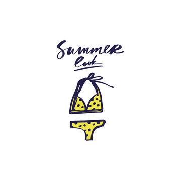 Summer starter pack clothing. Two piece swimsuit. Handdrawn cute lettering text. Vector.