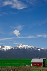 angelic cloud over farm fields near snowy mountains