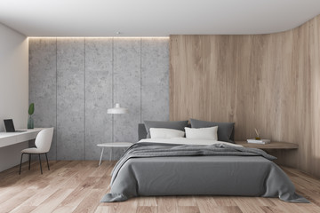 Gray and wood bedroom with home office