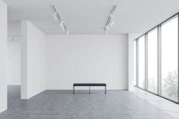 Empty white gallery interior with bench - obrazy, fototapety, plakaty
