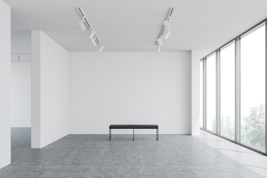 Empty white gallery interior with bench