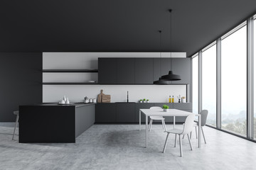 Panoramic gray and white kitchen interior