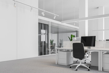 White industrial style office with meeting room