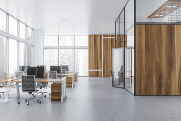 Wooden panoramic open space office interior