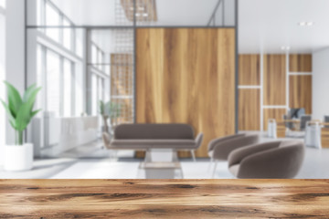 Blurred wooden office waiting room interior