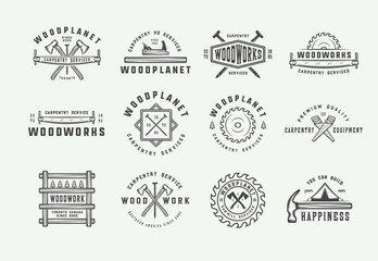 Set of vintage carpentry, woodwork and mechanic labels, badges, emblems and logo. Vector illustration. Monochrome Graphic Art.