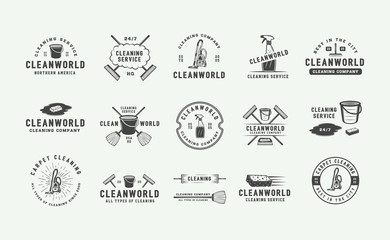 Set of retro cleaning logo badges, emblems and labels in vintage style. Monochrome Graphic Art. Vector Illustration.