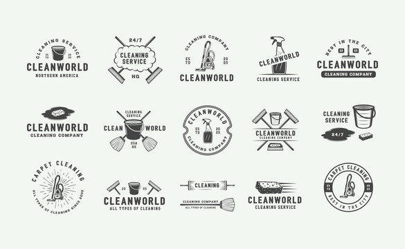 Set Of Retro Cleaning Logo Badges, Emblems And Labels In Vintage Style. Monochrome Graphic Art. Vector Illustration.