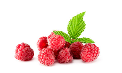 Close up view of fresh raspberries fruits with green leaf of raspberry bush isolated on white background