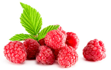 Close up view of fresh raspberries fruits with green leaf of raspberry bush isolated on white background