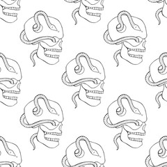 Vector hand drawn seamless pattern illustration of skull with snake, tooth, silhouette face of human Print horror for t shirt. Mexican style, day of the dead, halloween. Sketch, doodle drawing.