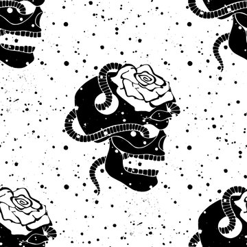 Vector  hand drawn seamless pattern illustration, skull with snake, rose tooth, silhouette face of human Print horror Mexican style, day of the dead Mexico, halloween Sketch, tattoo drawing.