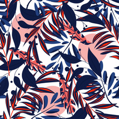 Fototapeta na wymiar Tropical seamless pattern with colorful leaves and plants on a delicate white background. Vector design. Jungle print. Floral background. Printing and textiles. Exotic tropics. Fresh design.