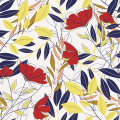 Tropical bright seamless pattern with colorful leaves and plants on a delicate white background. Vector design. Jungle print. Floral background. Printing and textiles. Exotic tropics. Fresh design.