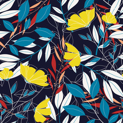 Tropical bright seamless pattern with colorful leaves and plants on a delicate dark background. Vector design. Jungle print. Floral background. Printing and textiles. Exotic tropics. Fresh design.