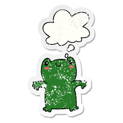 cartoon frog and thought bubble as a distressed worn sticker