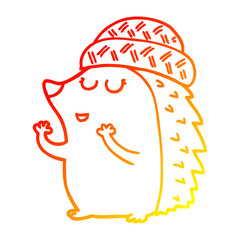 warm gradient line drawing cartoon hedgehog wearing hat