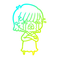 cold gradient line drawing cartoon girl crying