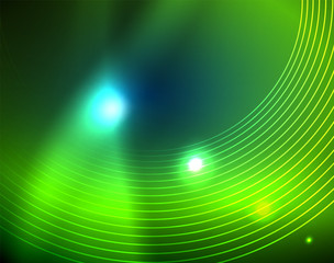 Blue neon circles, abstract circular lines. Glowing circle abstract pattern background