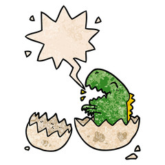 cartoon dinosaur hatching from egg and speech bubble in retro texture style
