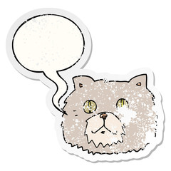 cartoon cat face and speech bubble distressed sticker