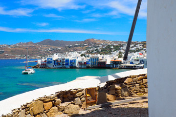 view of the port of Mykonos from the white windmills in the Cyclades in the heart of the Aegean Sea