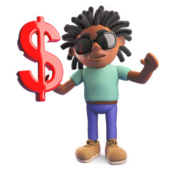 Black man with dreadlocks holding US dollar currency symbol, 3d illustration