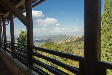 View to the mountains from the wooden terrace