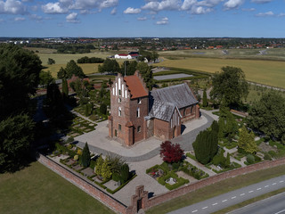 Aerial view of Smoerum church located on Zealand in Denmark