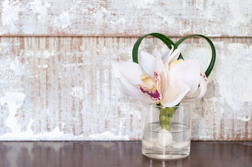 Beautiful flowers in glass lay on table in front of white vintage wooden wall.  Home decoration with fresh flowers in glass.