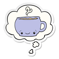 cartoon hot cup of coffee and thought bubble as a printed sticker