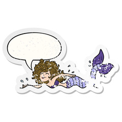 cartoon mermaid and speech bubble distressed sticker