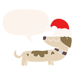 cartoon dog wearing christmas hat and speech bubble in retro style