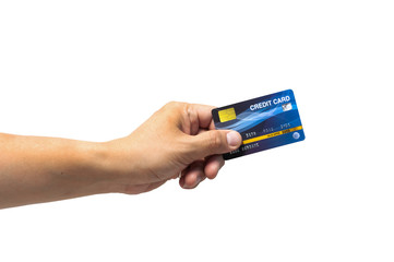 Clipping path, unidentified man hand holding blue credit card isolated for do some financial transaction. Business financial technology for moneyless with credit card.
