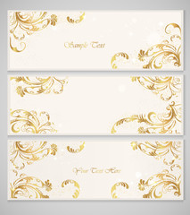 A set of greeting cards with golden curls and ornaments with and place for text