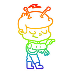 rainbow gradient line drawing friendly cartoon spaceman pointing