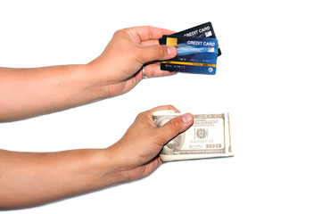 Unidentified man hands holding many American dollars and credit cards  isolated for do some financial transaction.  Business financial for investment.  Cash flow financial concept.