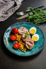 breakfast, tasty food and coffee (sandwich, pate, bun, egg, corn, tomato, etc.) enjoy your meal. top food background. copy space